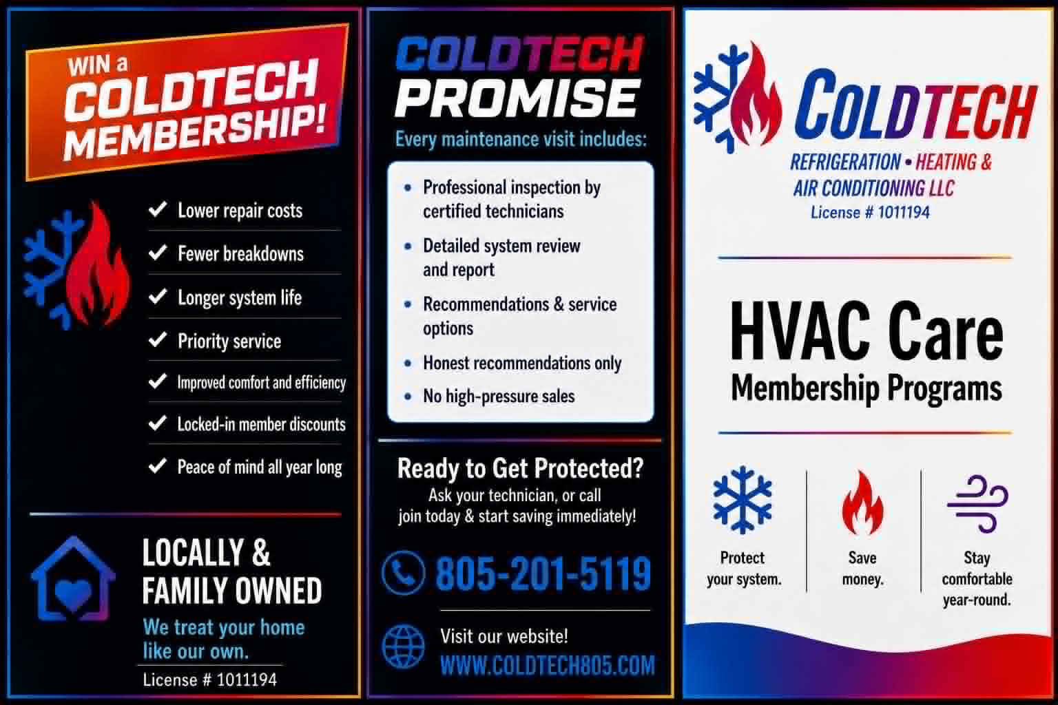 ColdTech Refrigeration • Heating & Air Conditioning HVAC Care Membership brochure highlighting the ColdTech Promise, locally & family owned, and phone 805-201-5119